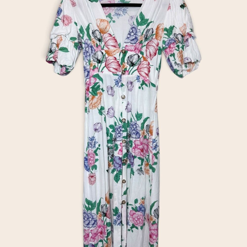 Topshop Petite Floral Maxi Dress US 2 White Puff Sleeve Cottagecore Boho